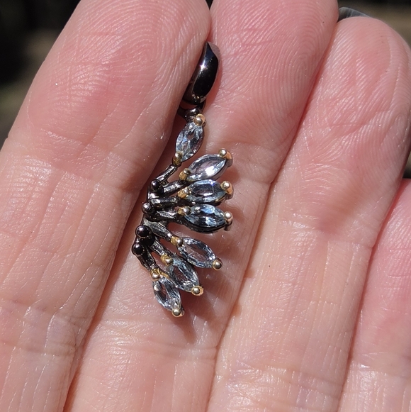 Blue Topaz Marquise Cut Sterling Rhodium & Gold Angel Wing Pendant - Picture 5 of 8